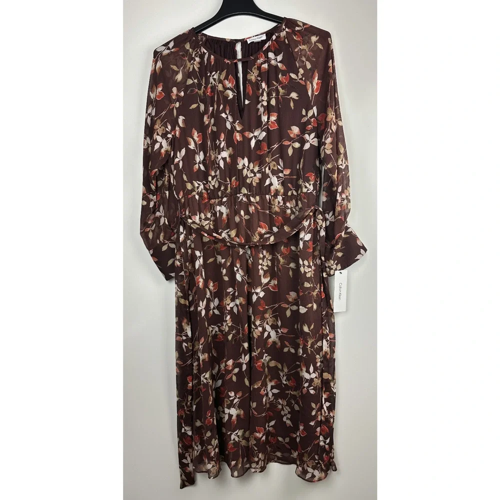 NWT Calvin Klein Floral Keyhole Maxi Dress Size 14 Burgundy Boho Peasant Folk - Picture 11 of 12
